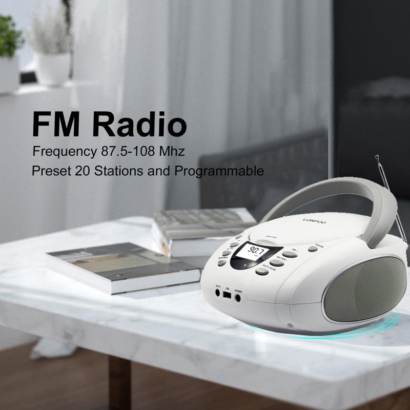 LONPOO CD Players Portable Boombox with FM Radio/USB/Bluetooth/AUX Input and Earphone Jack Output, Stereo Sound Speaker & Audio Player,White - Image 5